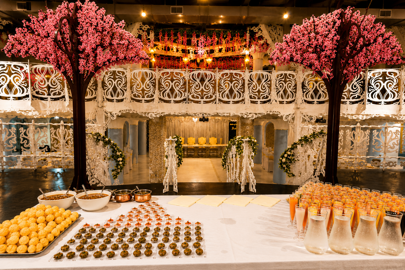 Cherry blossom trees flanking a colourful Asian wedding catering display at Opulent @ 35 Liverpool, with the Art Nouveau balcony behind