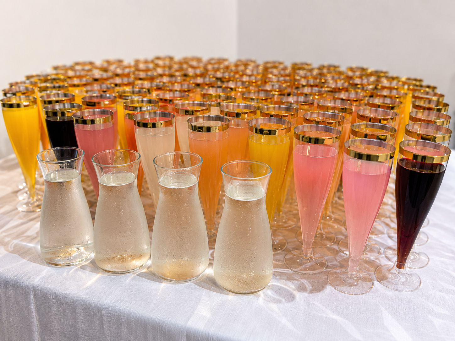 Rows of gold-rim flutes filled with pink, peach and amber mocktails alongside chilled carafes at Opulent @ 35 Liverpool